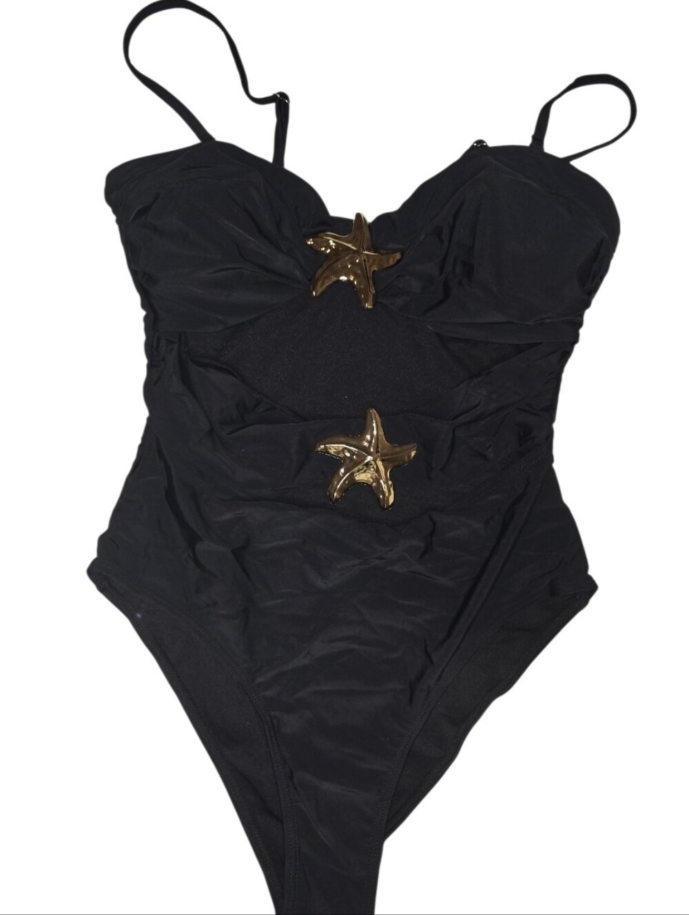 SHEIN Women's Black Cutout One Piece Swimsuit Gold Starfish Detail Size M